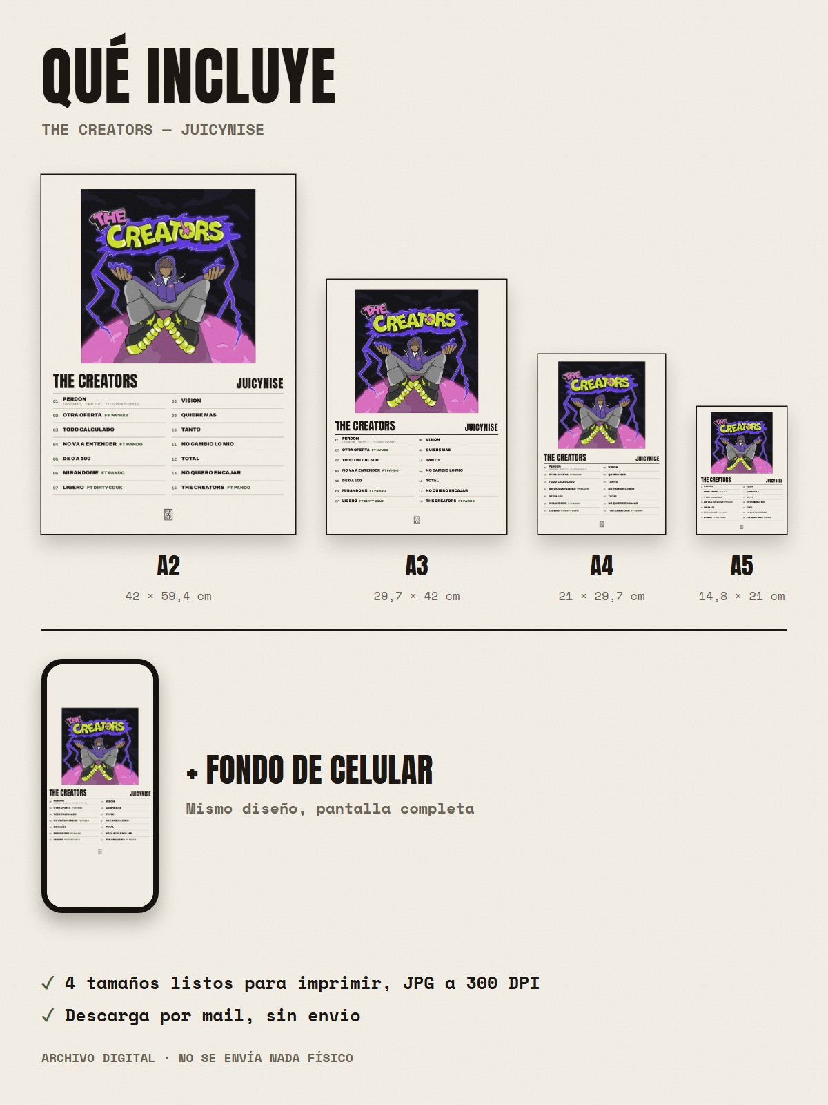 Qué incluye el póster de The Creators de JuicyNise: A2, A3, A4, A5 y fondo de celular