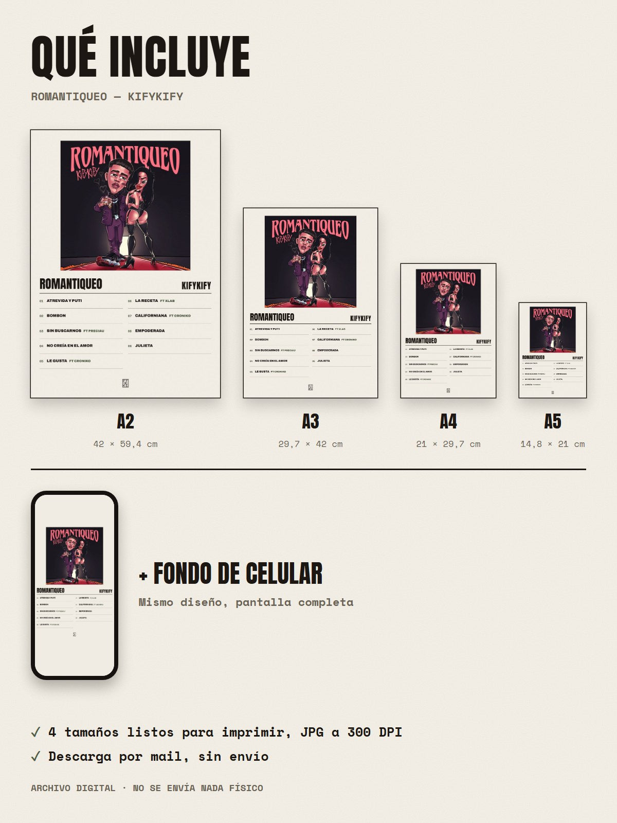 Qué incluye el póster de Romantiqueo de Kifykify: A2, A3, A4, A5 y fondo de celular