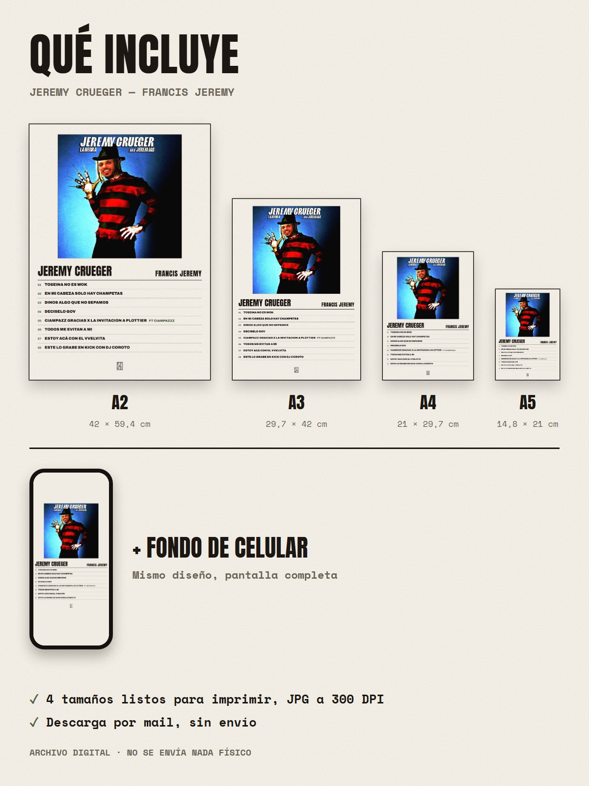 Qué incluye el póster de JEREMY CRUEGER de Francis Jeremy: A2, A3, A4, A5 y fondo de celular