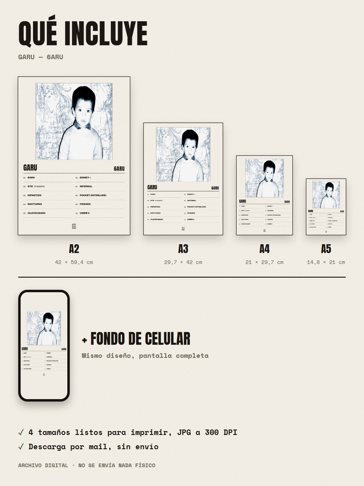 Qué incluye el póster de GARU de 6aru: A2, A3, A4, A5 y fondo de celular
