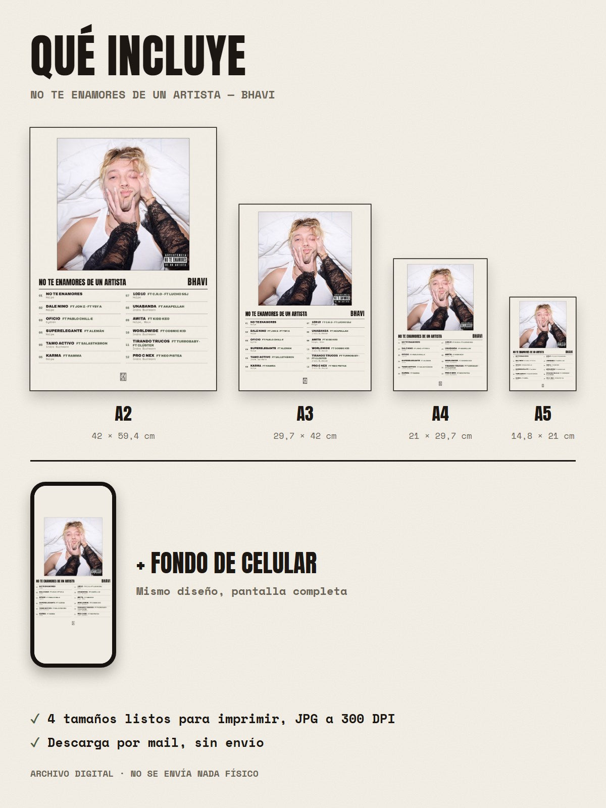 Qué incluye el póster de NO TE ENAMORES DE UN ARTISTA de Bhavi: A2, A3, A4, A5 y fondo de celular
