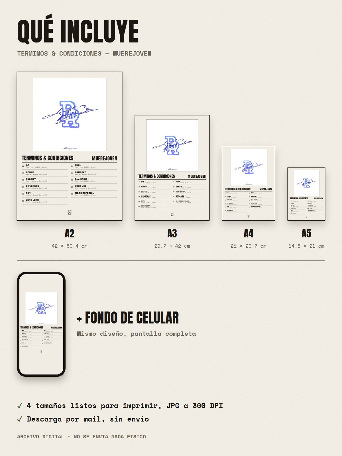 Qué incluye el póster de Terminos & Condiciones de Muerejoven: A2, A3, A4, A5 y fondo de celular