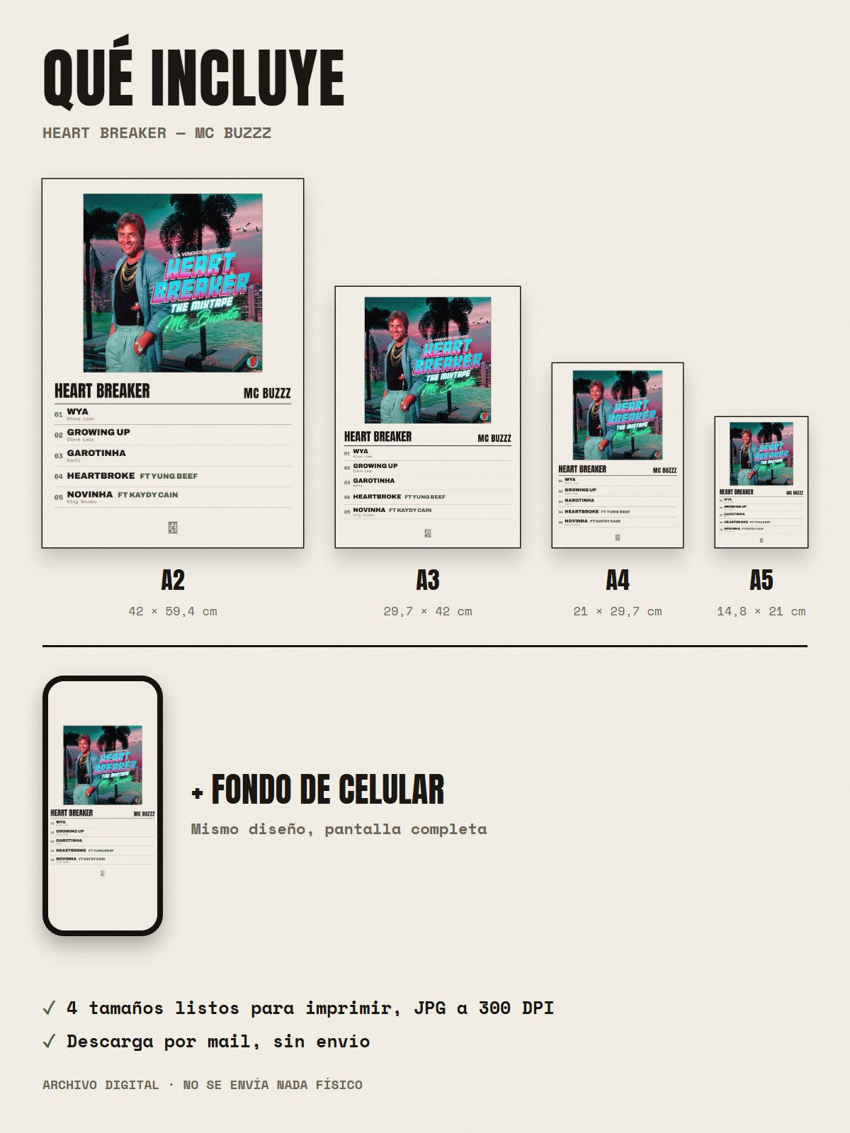Qué incluye el póster de Heart Breaker de MC Buzzz: A2, A3, A4, A5 y fondo de celular