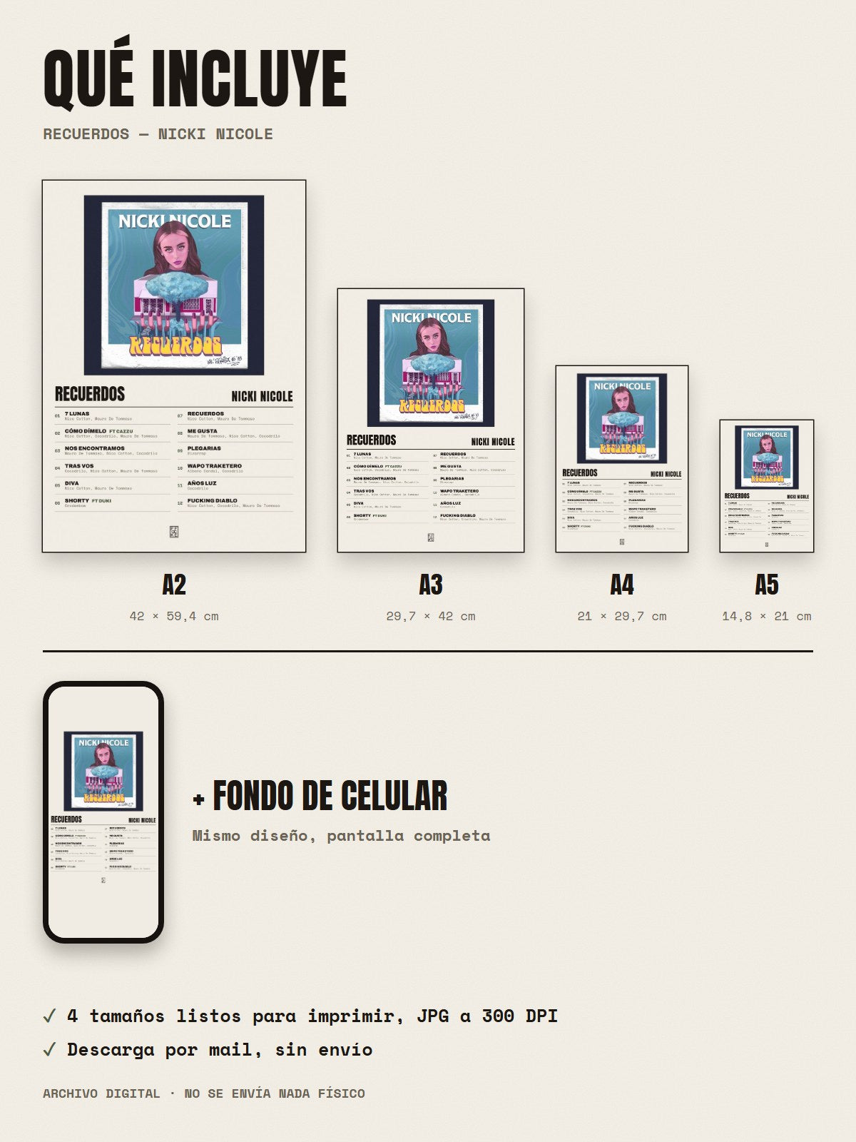Qué incluye el póster de Recuerdos de Nicki Nicole: A2, A3, A4, A5 y fondo de celular