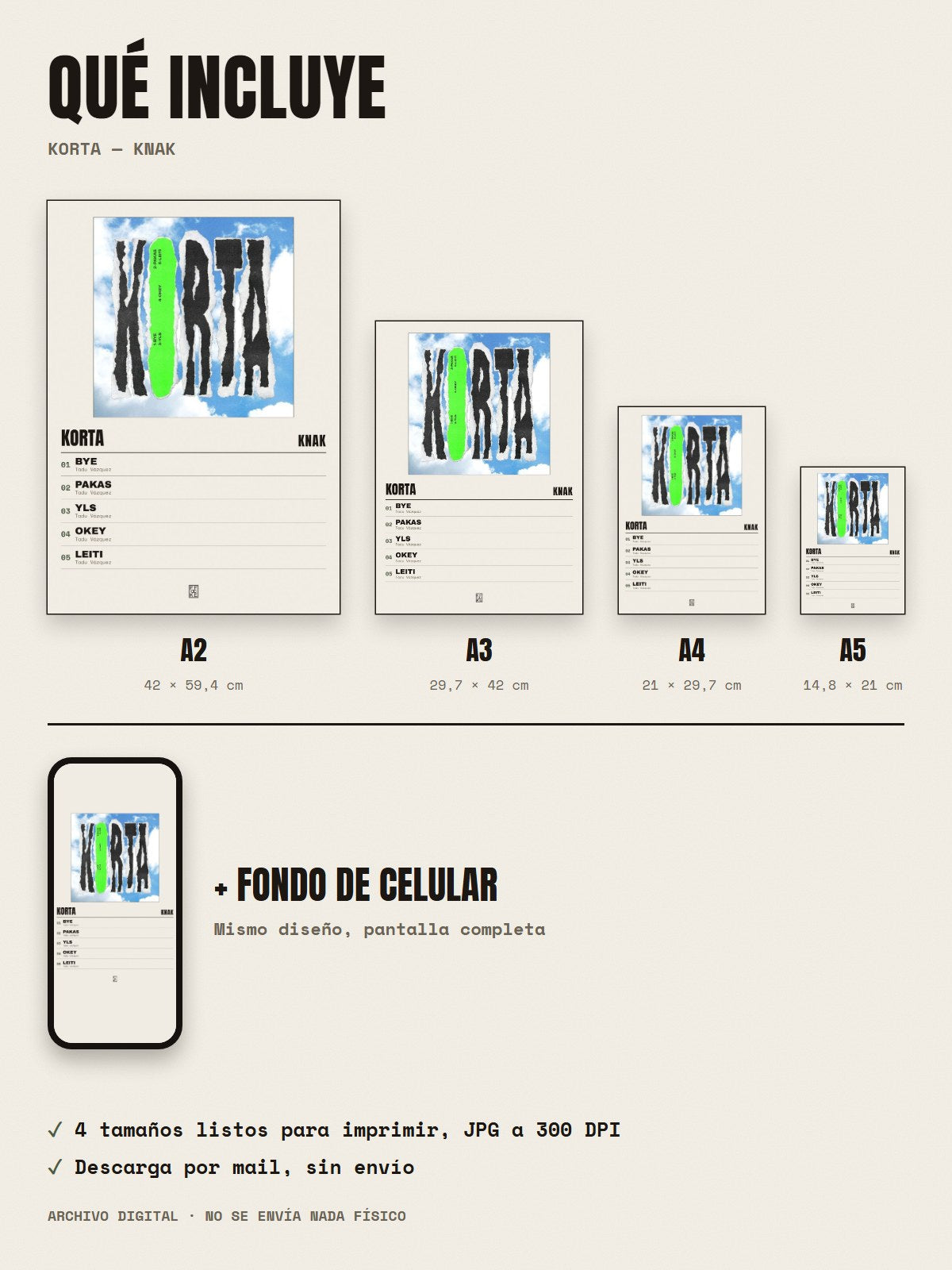Qué incluye el póster de Korta de Knak: A2, A3, A4, A5 y fondo de celular