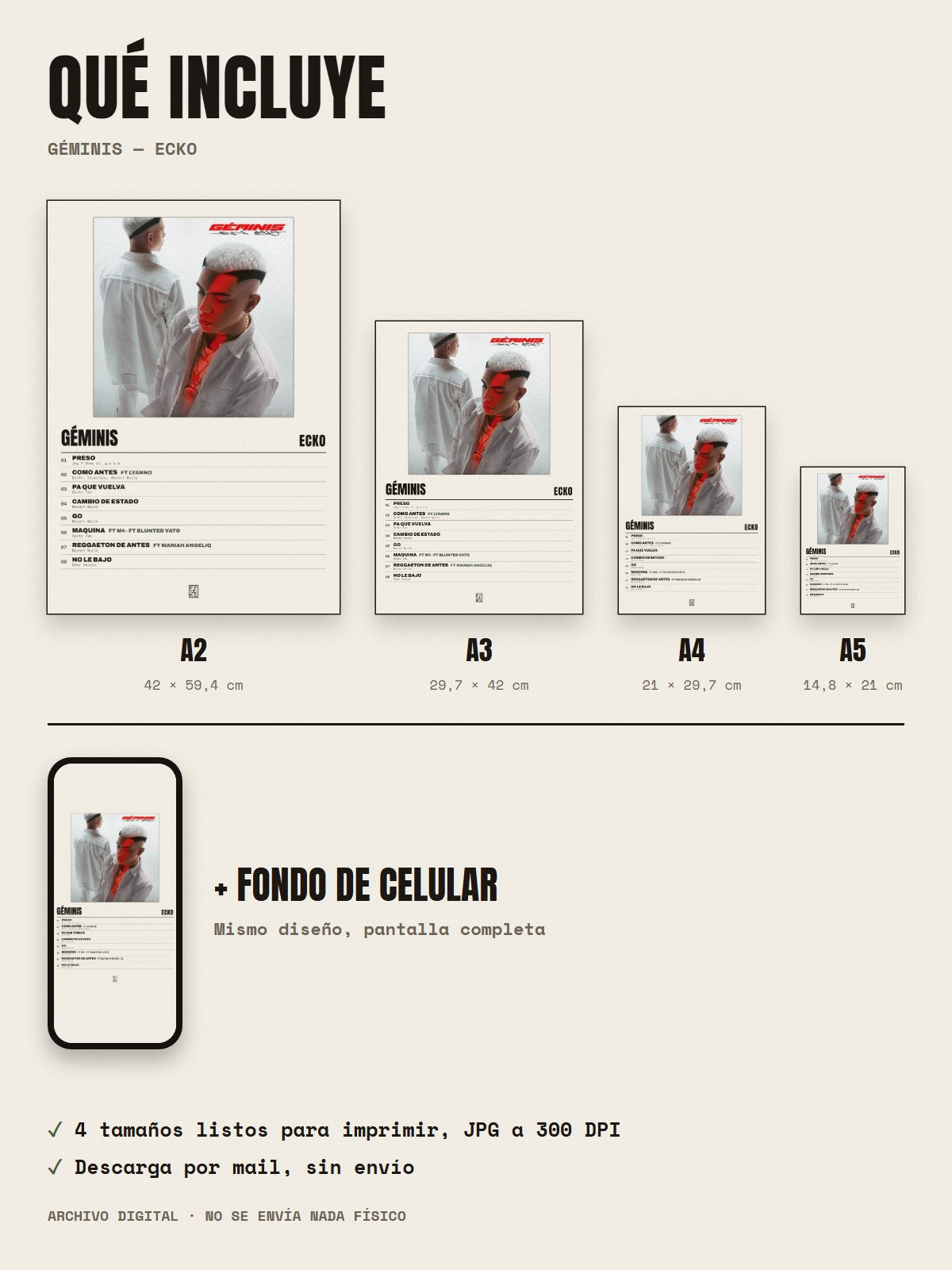Qué incluye el póster de Géminis de ECKO: A2, A3, A4, A5 y fondo de celular