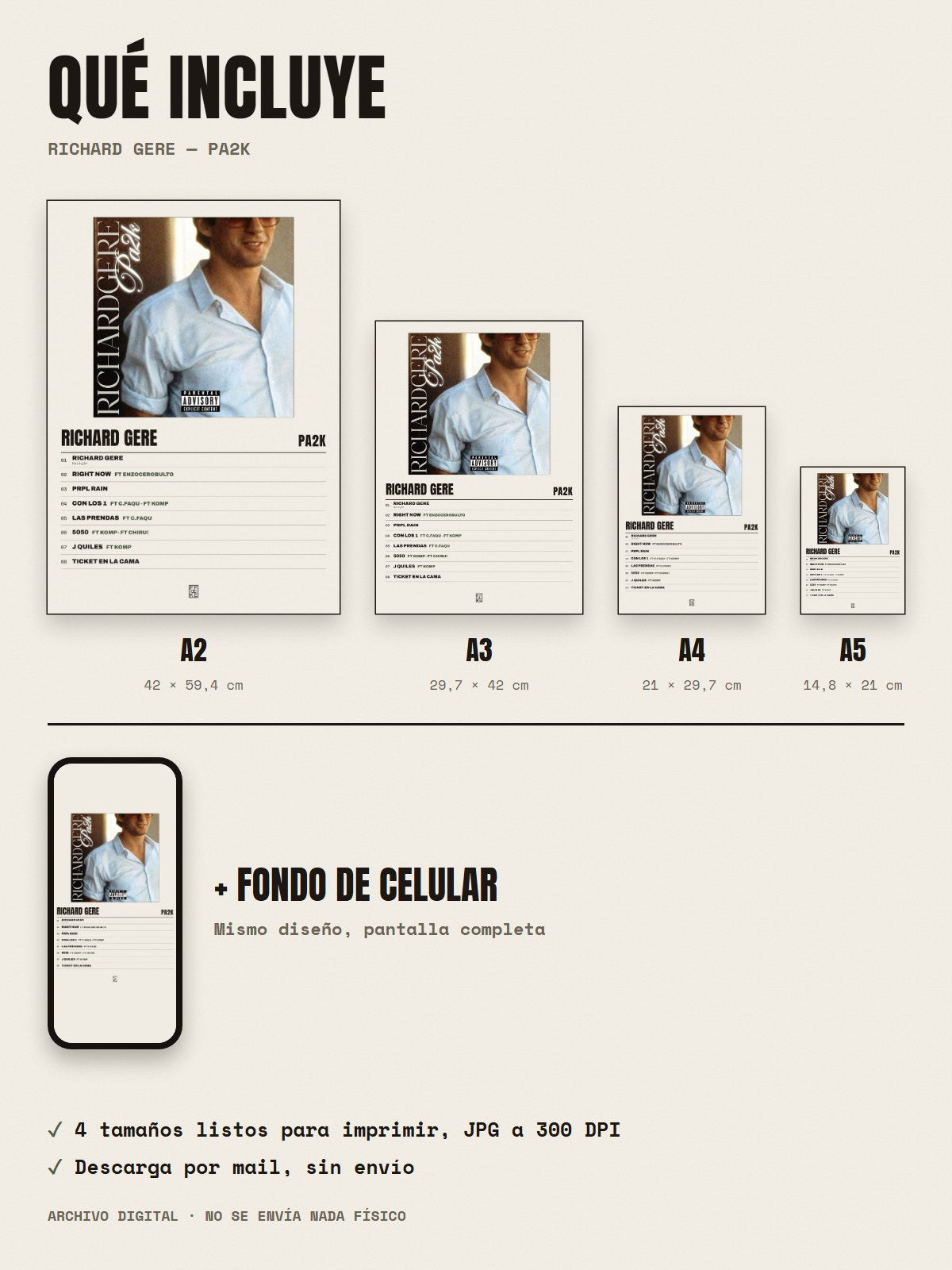 Qué incluye el póster de Richard Gere de Pa2k: A2, A3, A4, A5 y fondo de celular