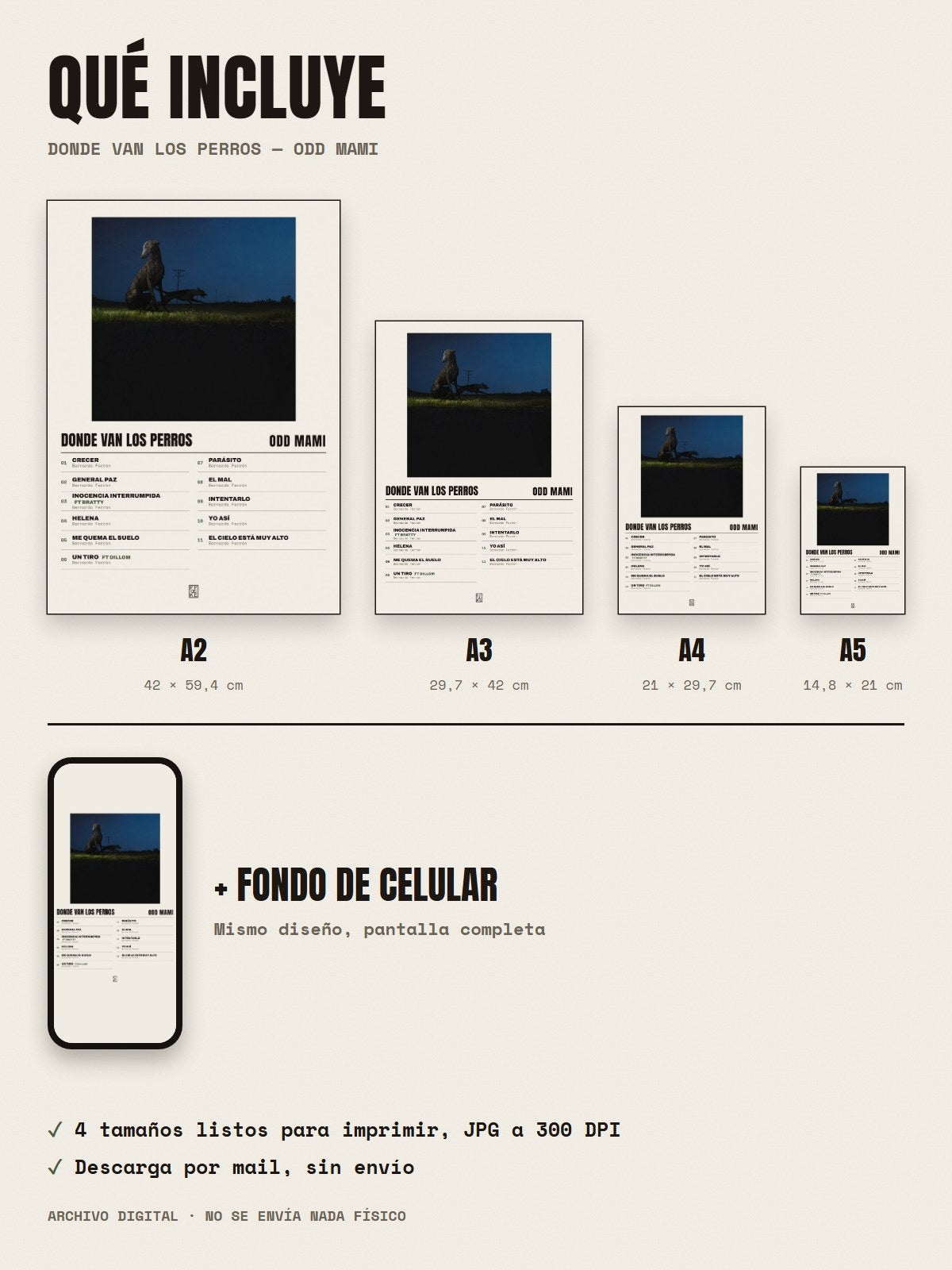 Qué incluye el póster de donde van los perros de ODD MAMI: A2, A3, A4, A5 y fondo de celular
