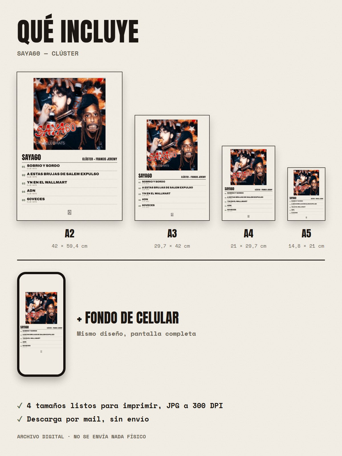 Qué incluye el póster de SAYA60 de Clúster × Francis Jeremy: A2, A3, A4, A5 y fondo de celular