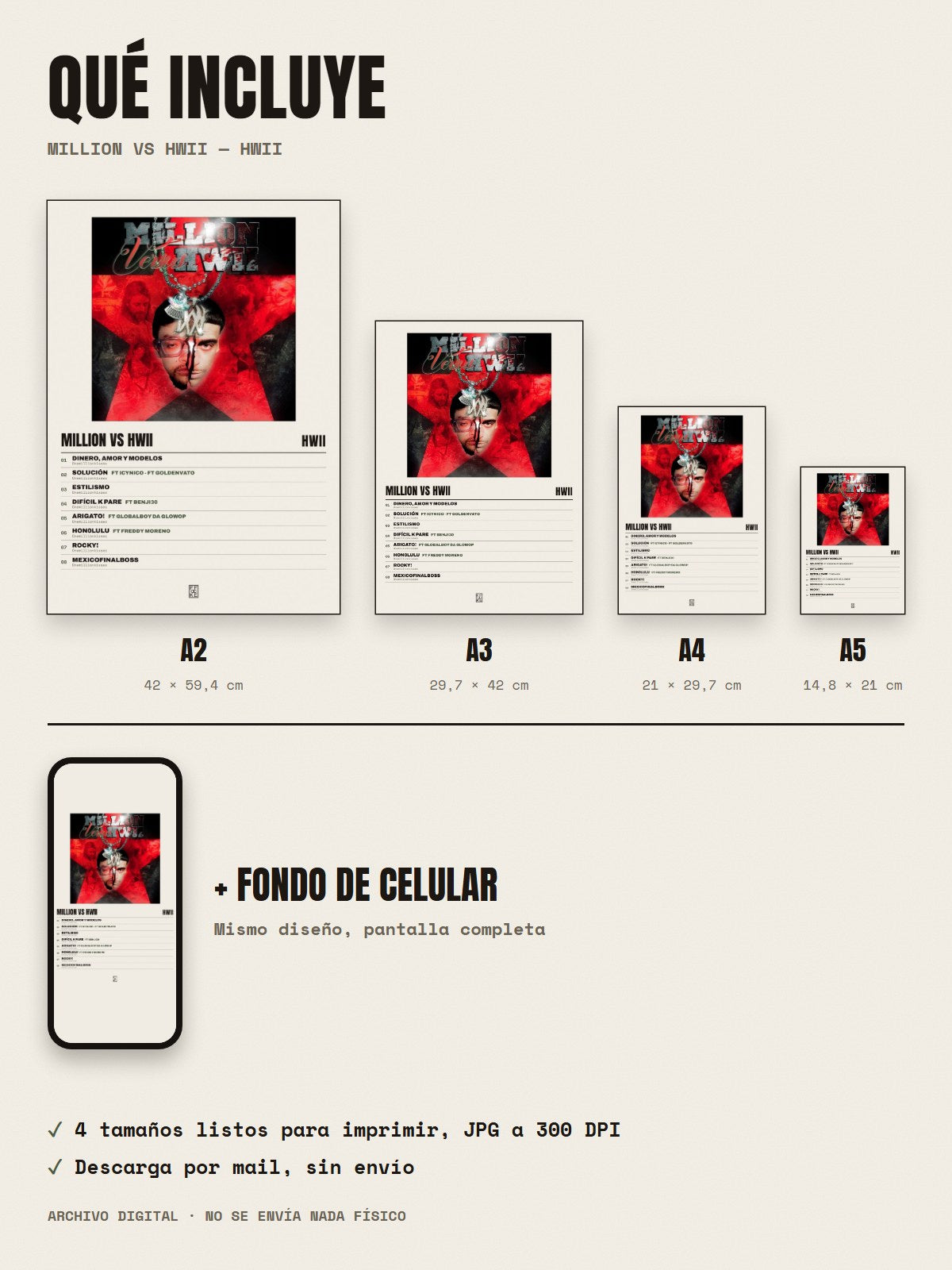 Qué incluye el póster de MILLION vs HWII de Hwii: A2, A3, A4, A5 y fondo de celular
