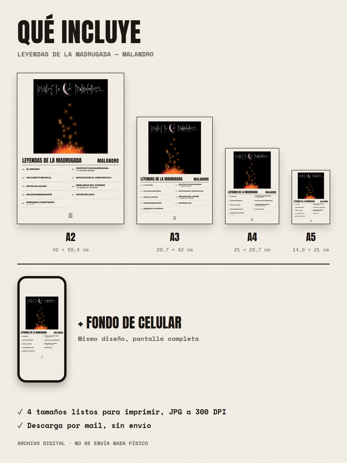 Qué incluye el póster de Leyendas De La Madrugada de Malandro: A2, A3, A4, A5 y fondo de celular