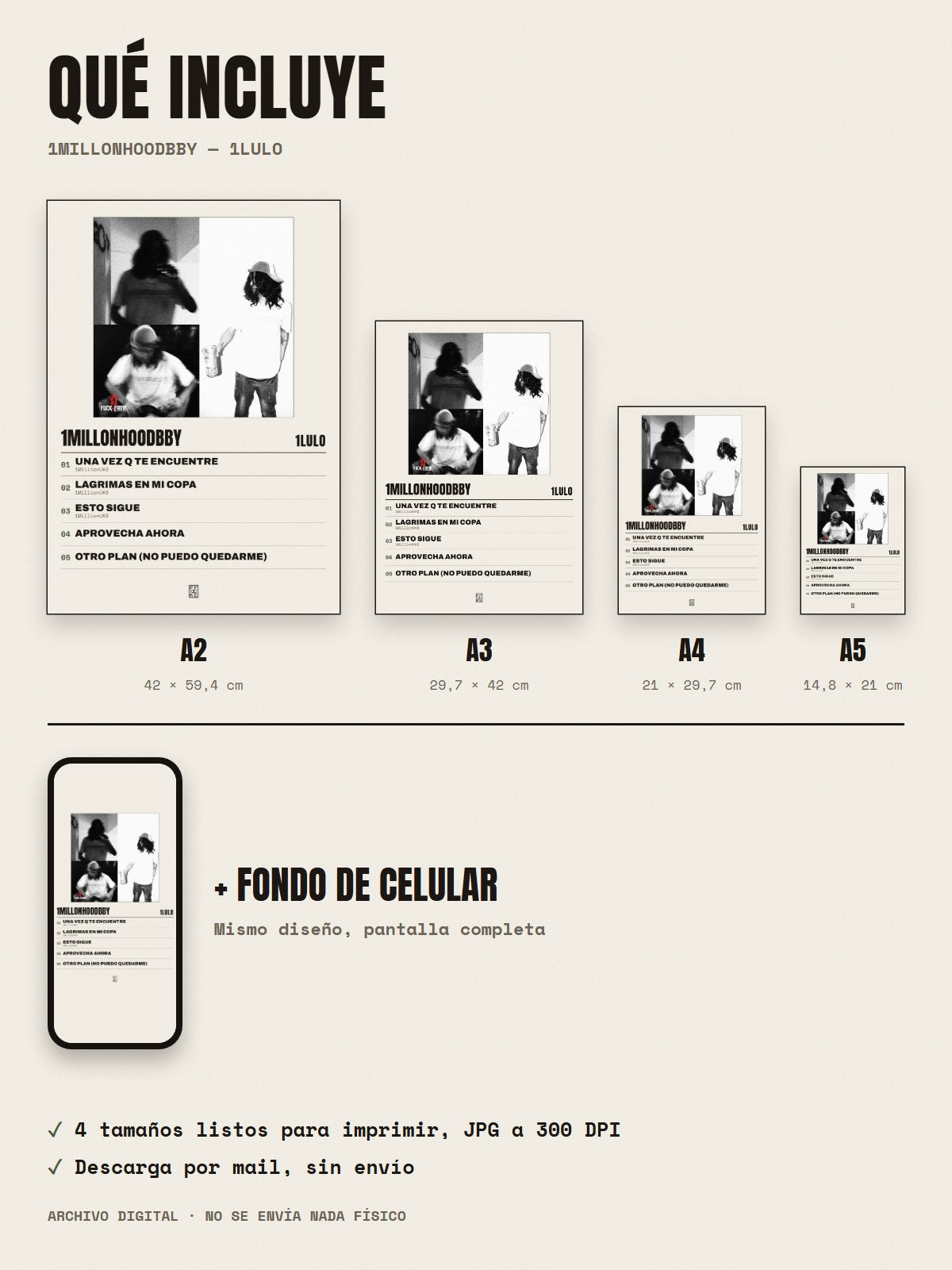 Qué incluye el póster de 1MILLONHOODBBY de 1lulo: A2, A3, A4, A5 y fondo de celular