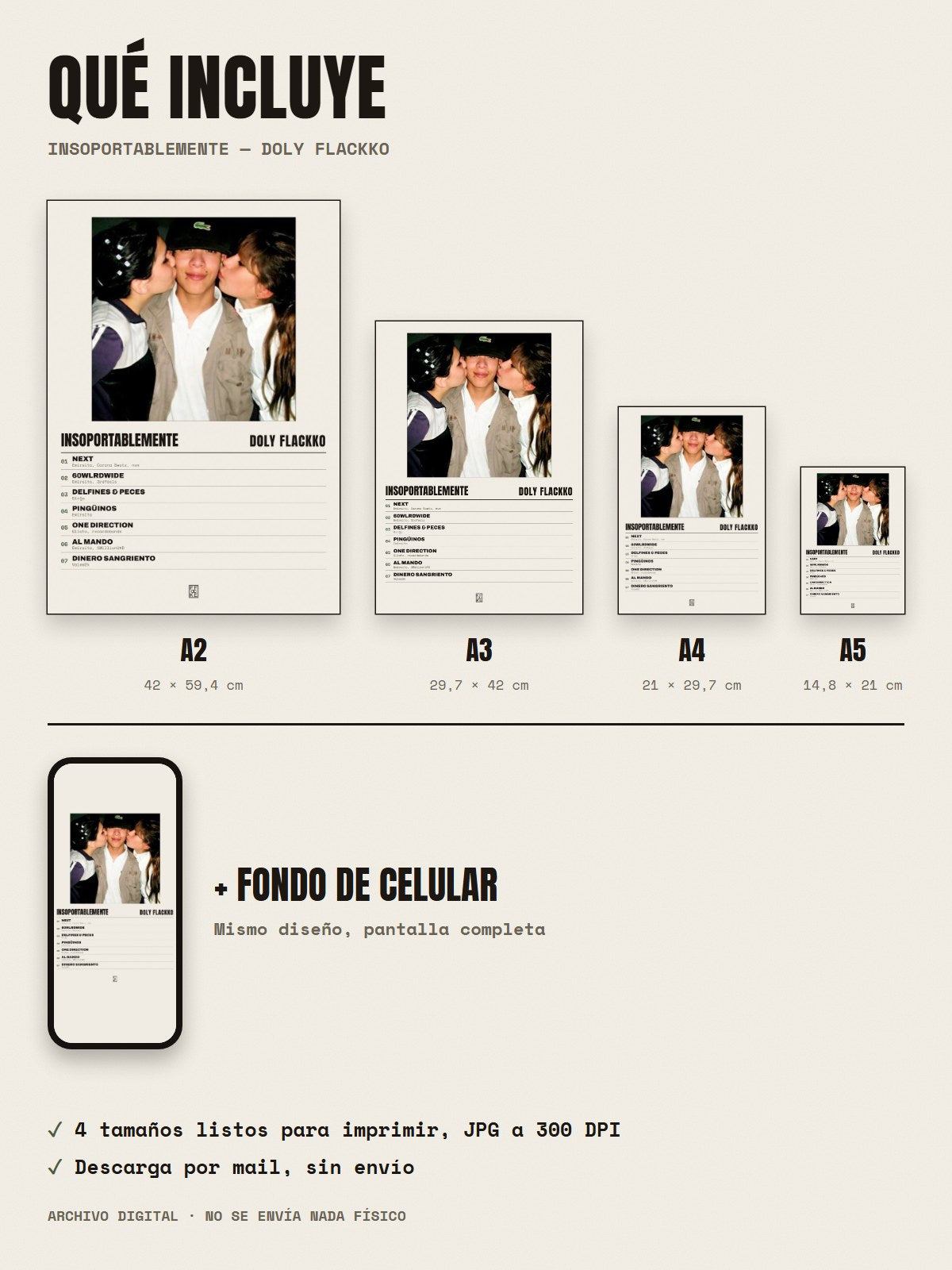Qué incluye el póster de Insoportablemente de Doly Flackko: A2, A3, A4, A5 y fondo de celular