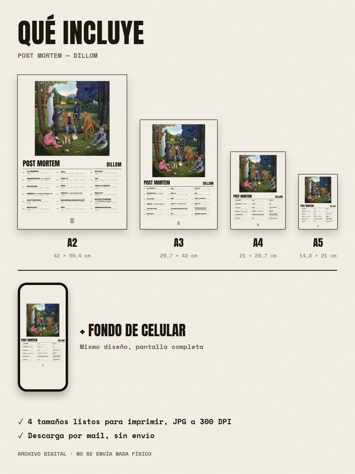 Qué incluye el póster de POST MORTEM de Dillom: A2, A3, A4, A5 y fondo de celular