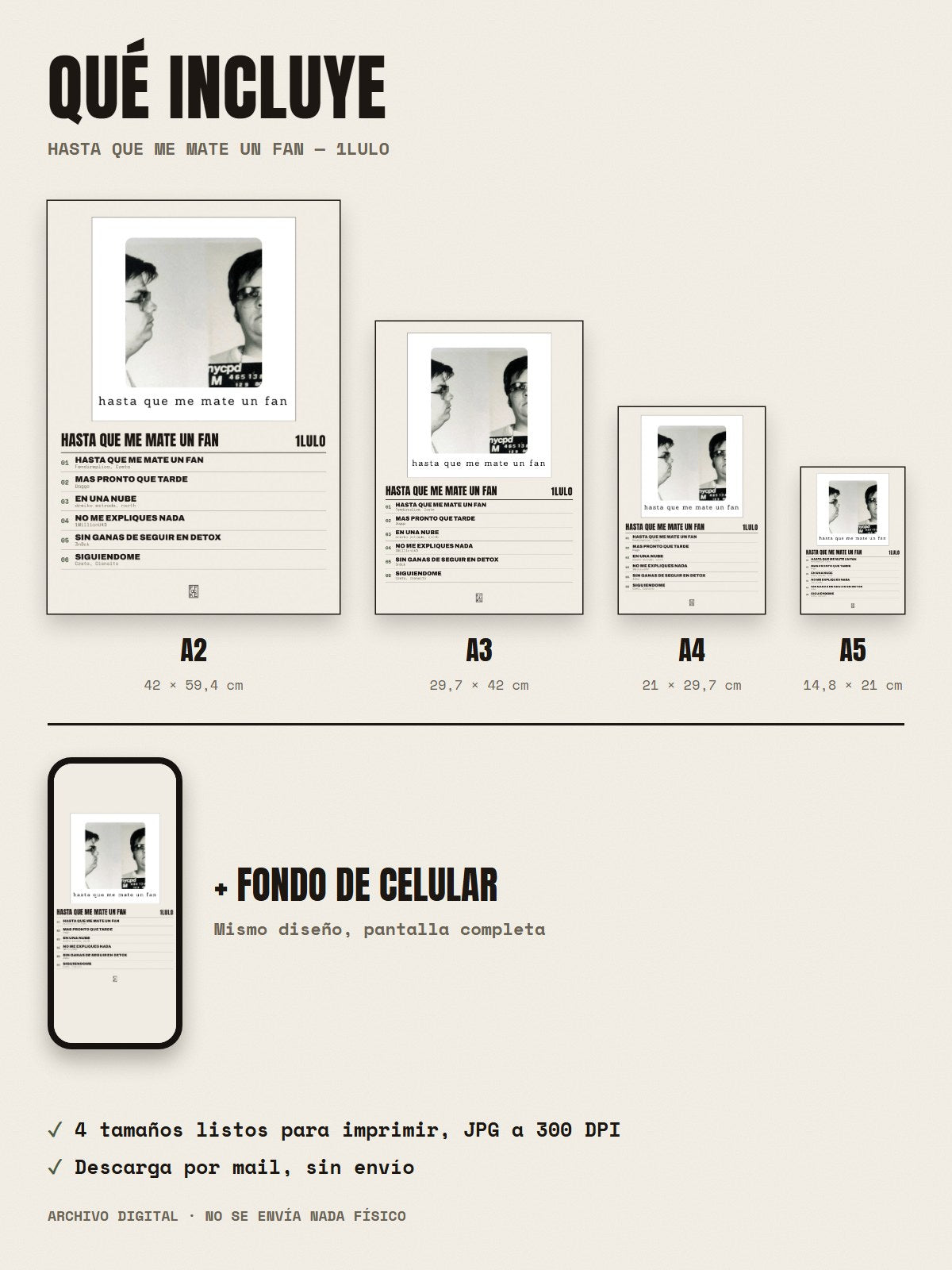 Qué incluye el póster de HASTA QUE ME MATE UN FAN de 1lulo: A2, A3, A4, A5 y fondo de celular