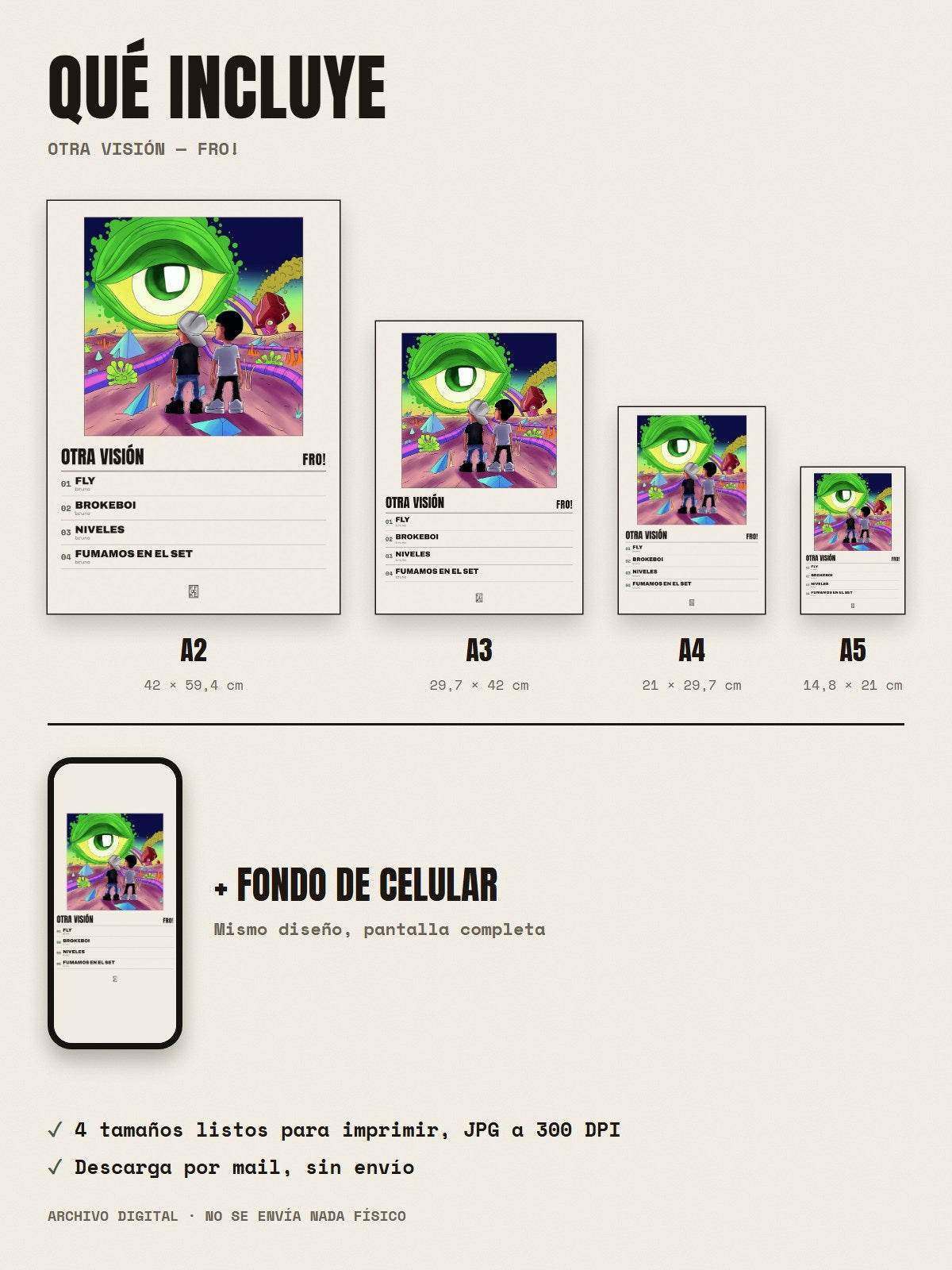 Qué incluye el póster de Otra Visión de FRO!: A2, A3, A4, A5 y fondo de celular