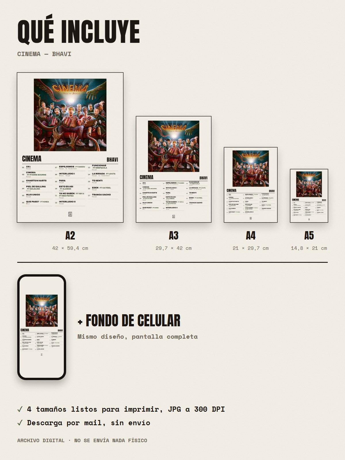 Qué incluye el póster de CINEMA de Bhavi: A2, A3, A4, A5 y fondo de celular