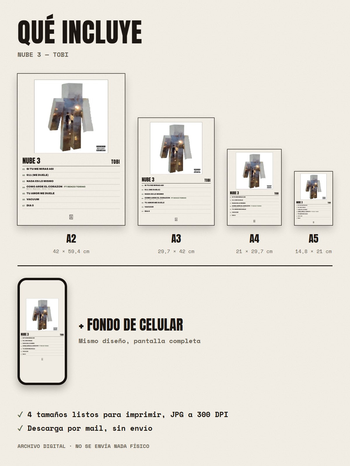 Qué incluye el póster de nube 3 de Tobi: A2, A3, A4, A5 y fondo de celular