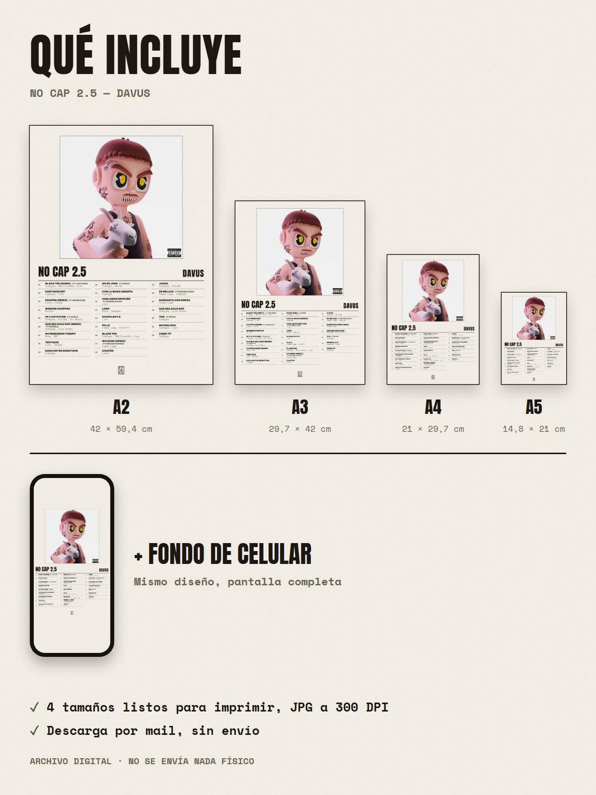 Qué incluye el póster de No Cap 2.5 de Davus: A2, A3, A4, A5 y fondo de celular