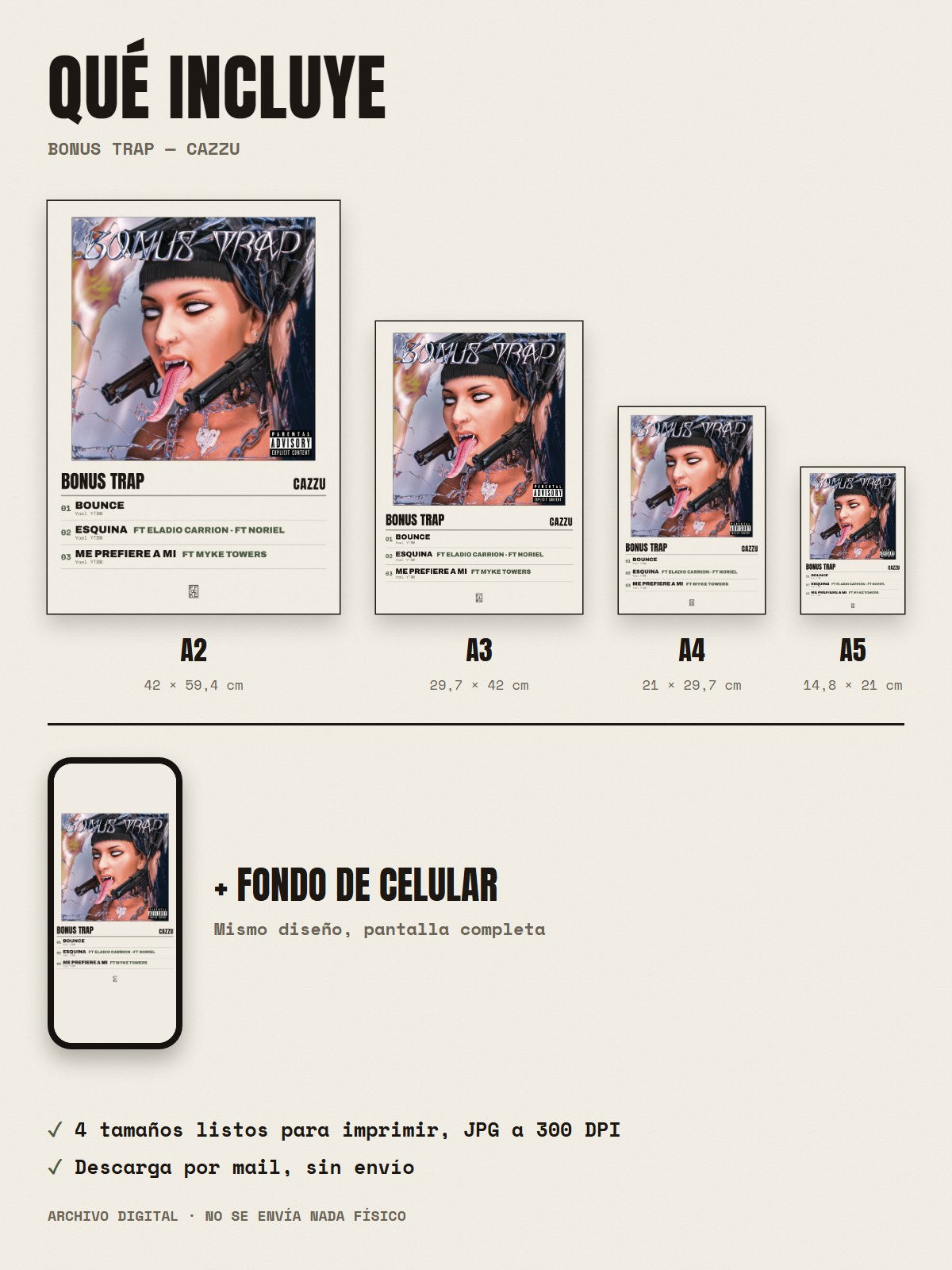Qué incluye el póster de Bonus Trap de Cazzu: A2, A3, A4, A5 y fondo de celular