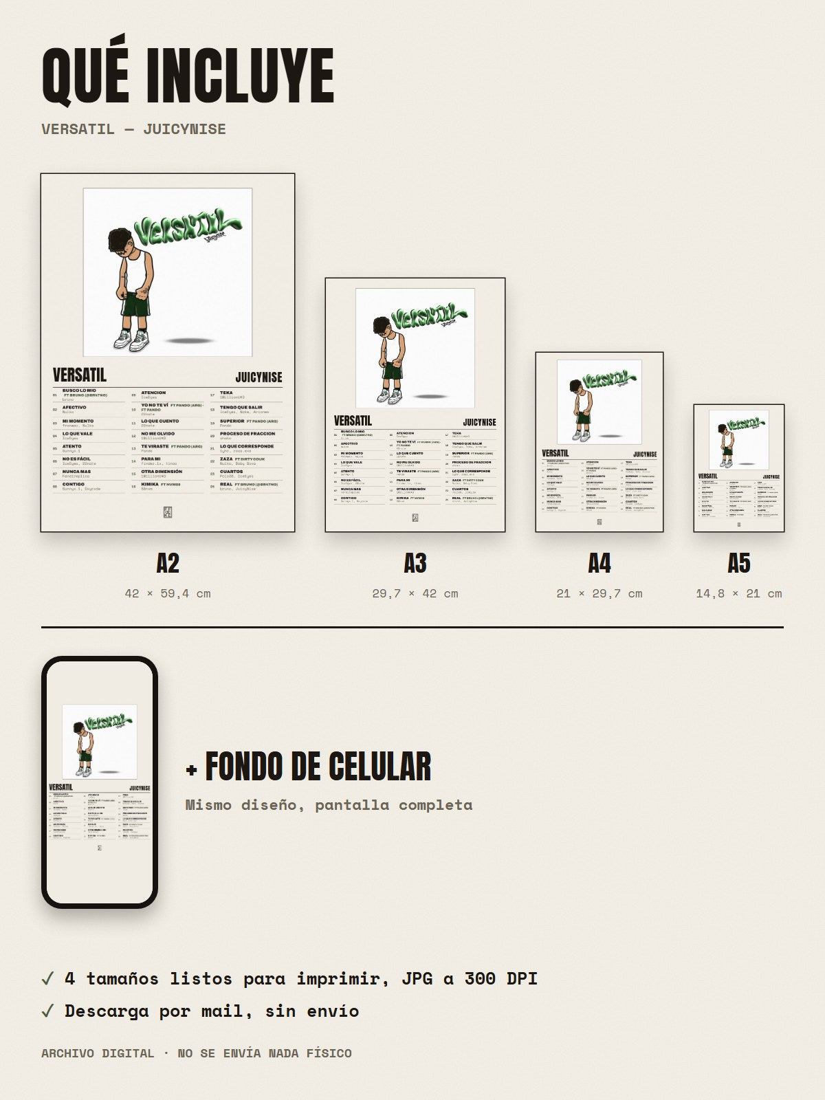Qué incluye el póster de Versatil de JuicyNise: A2, A3, A4, A5 y fondo de celular