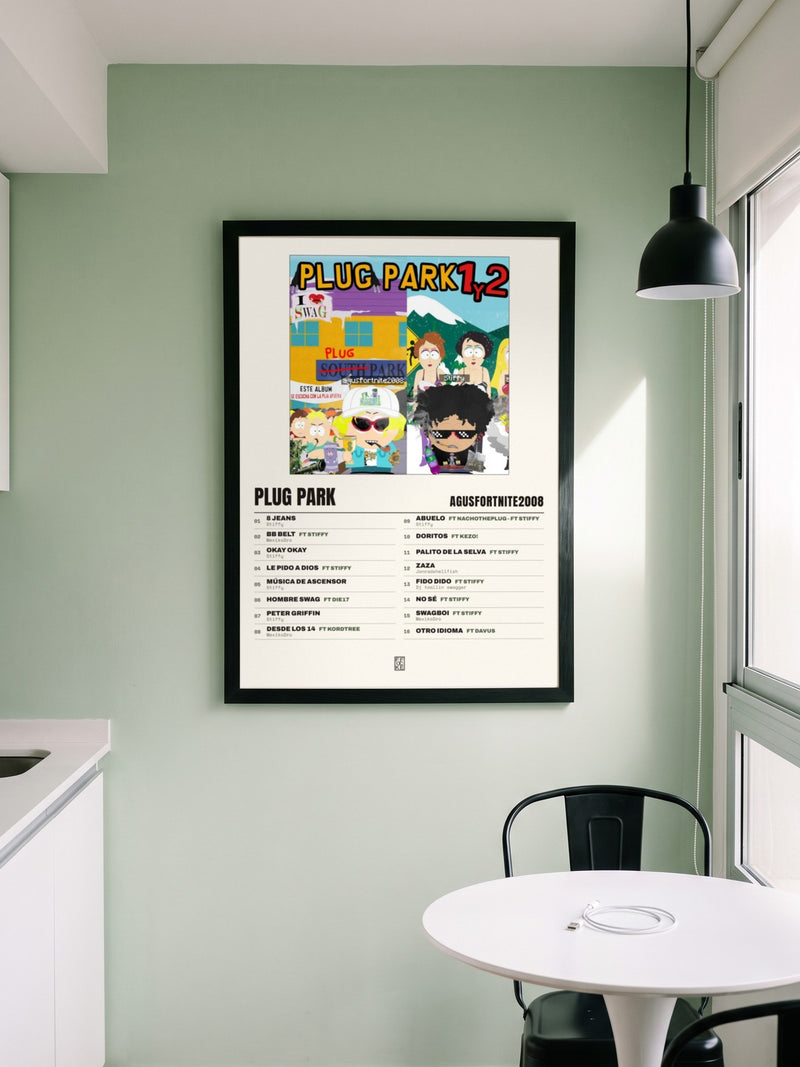 Póster de PLUG PARK de AgusFortnite2008 enmarcado en una pared, en un ambiente real
