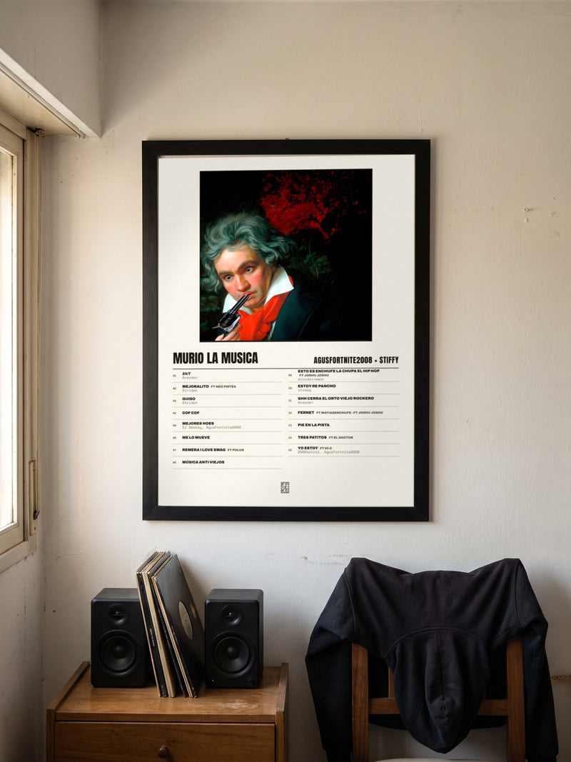 Póster de MURIO LA MUSICA de AgusFortnite2008 × Stiffy enmarcado en una pared, en un ambiente real