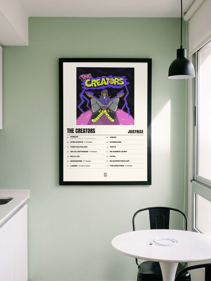 Póster de The Creators de JuicyNise enmarcado en una pared, en un ambiente real