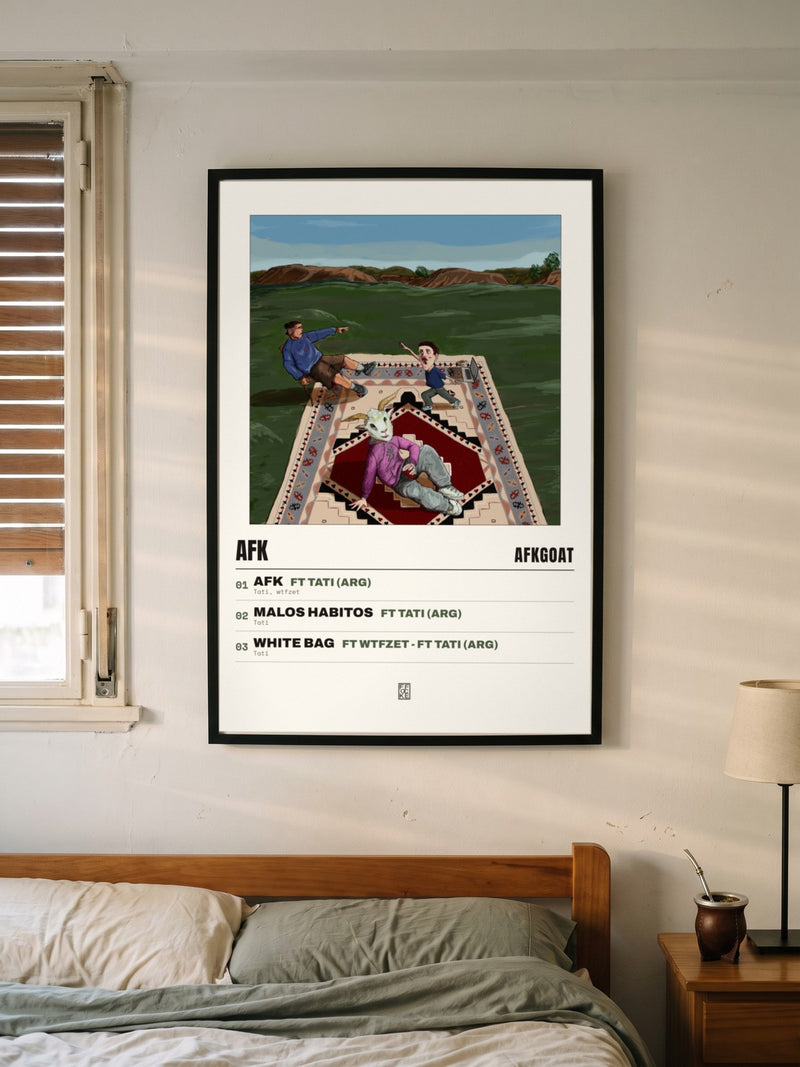 Póster de Afk de afkGOAT enmarcado en una pared, en un ambiente real