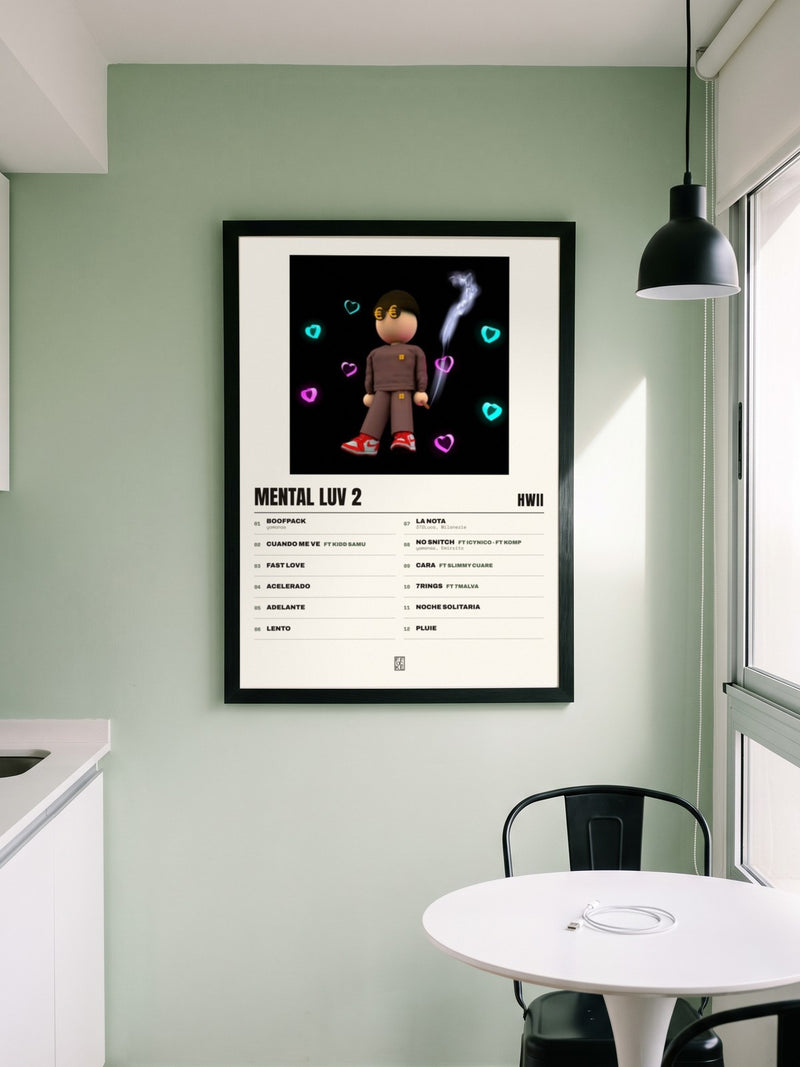 Póster de Mental Luv 2 de Hwii enmarcado en una pared, en un ambiente real