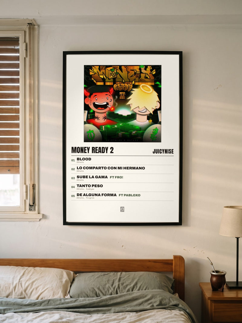 Póster de Money Ready 2 de JuicyNise enmarcado en una pared, en un ambiente real