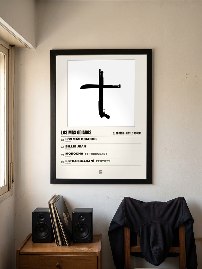 Póster de LOS MÁS ODIADOS de El Doctor × Little Boogie enmarcado en una pared, en un ambiente real