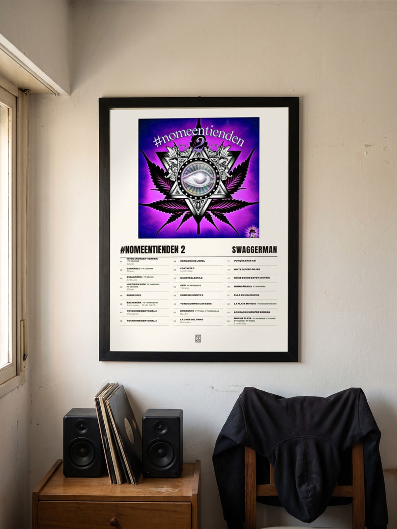 Póster de #nomeentienden 2 de swaggerman enmarcado en una pared, en un ambiente real