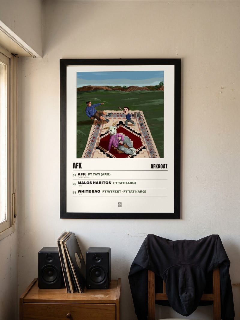 Póster de Afk de afkGOAT enmarcado en una pared, en un ambiente distinto
