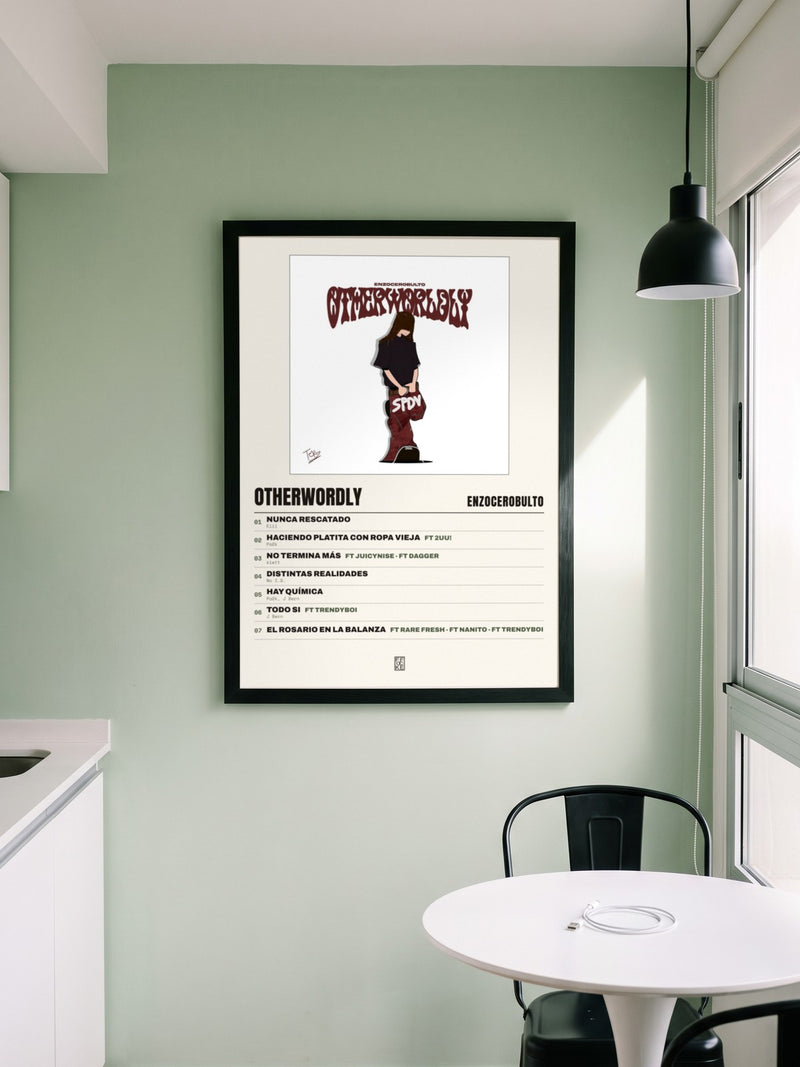 Póster de otherwordly de enzocerobulto enmarcado en una pared, en un ambiente distinto