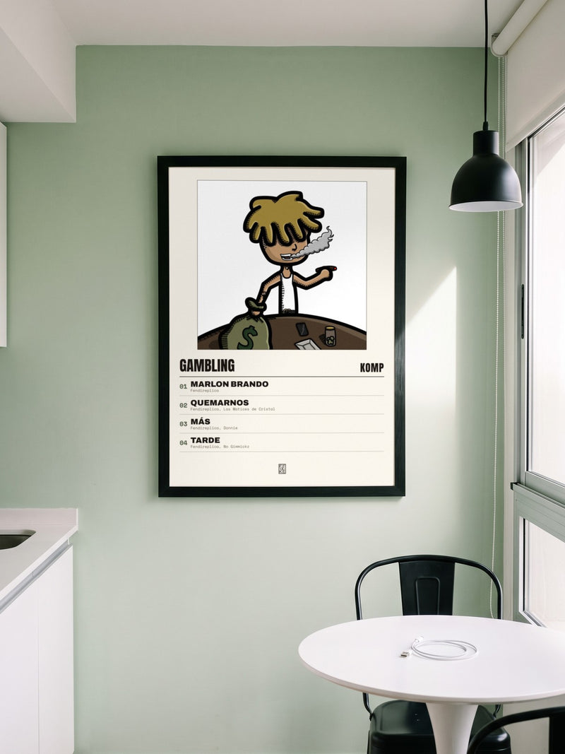 Póster de Gambling de Komp enmarcado en una pared, en un ambiente distinto