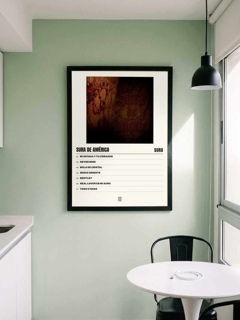 Póster de Sura de América de sura enmarcado en una pared, en un ambiente distinto