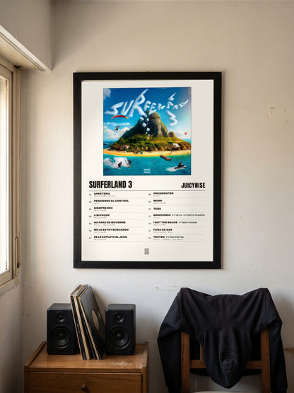 Póster de Surferland 3 de JuicyNise enmarcado en una pared