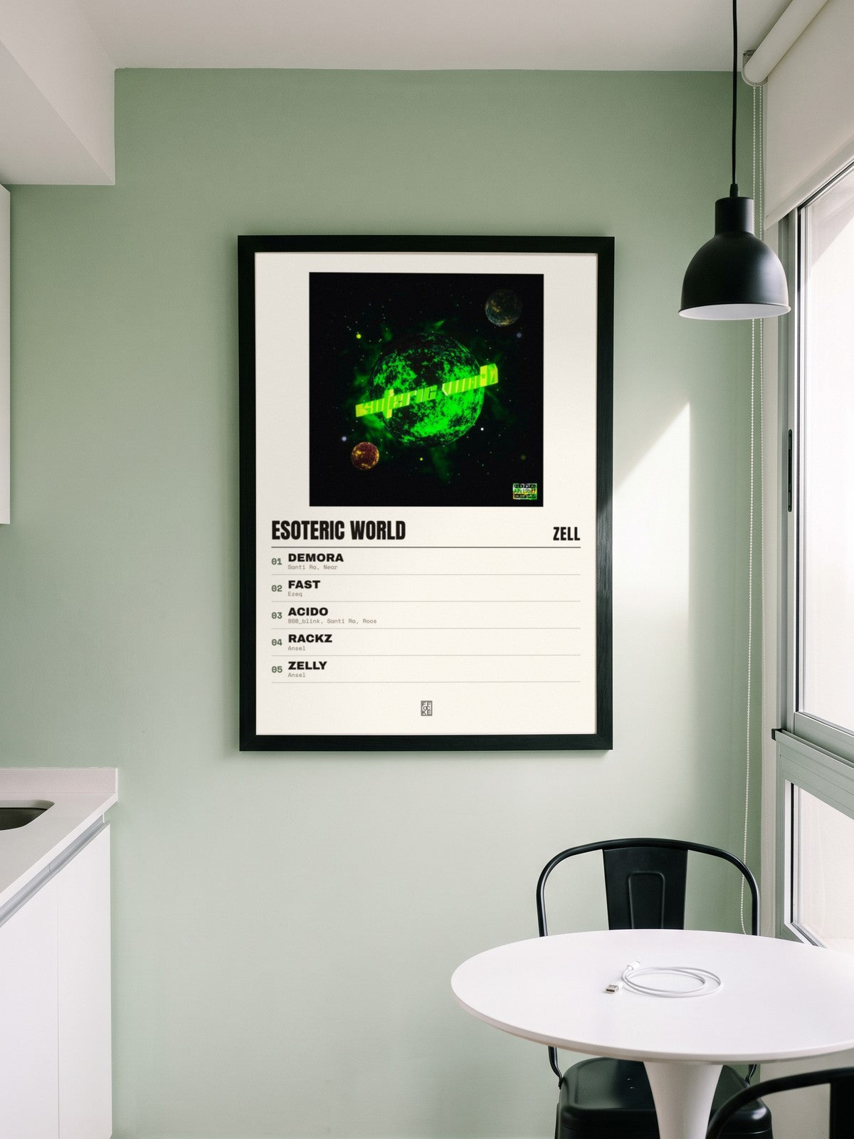 Póster de Esoteric World de Zell enmarcado en una pared