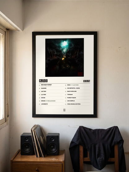 Póster de Crudo de Chiru! enmarcado en una pared