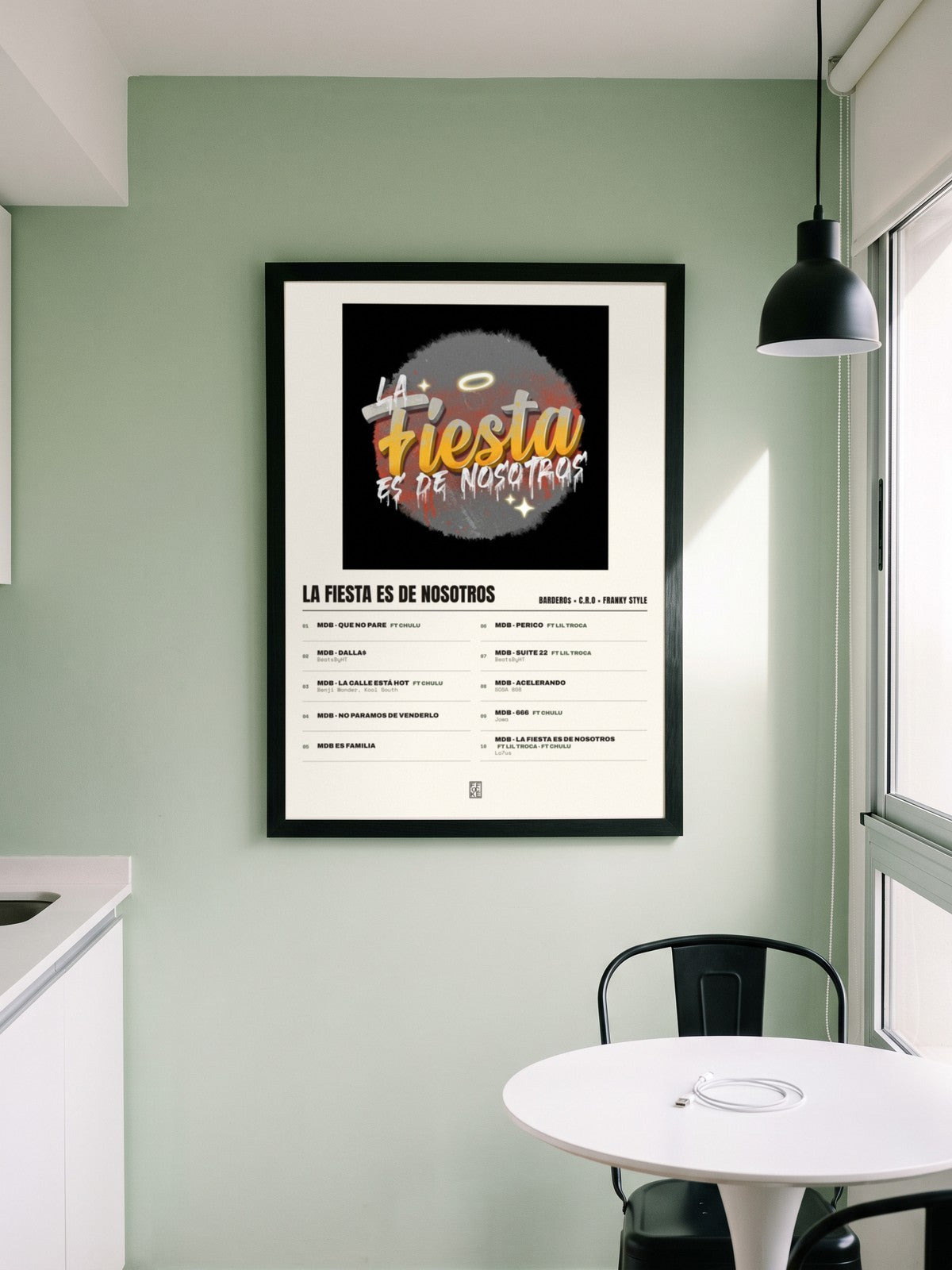Póster de La Fiesta Es de Nosotros de Bardero$ × C.R.O × Franky Style enmarcado en una pared