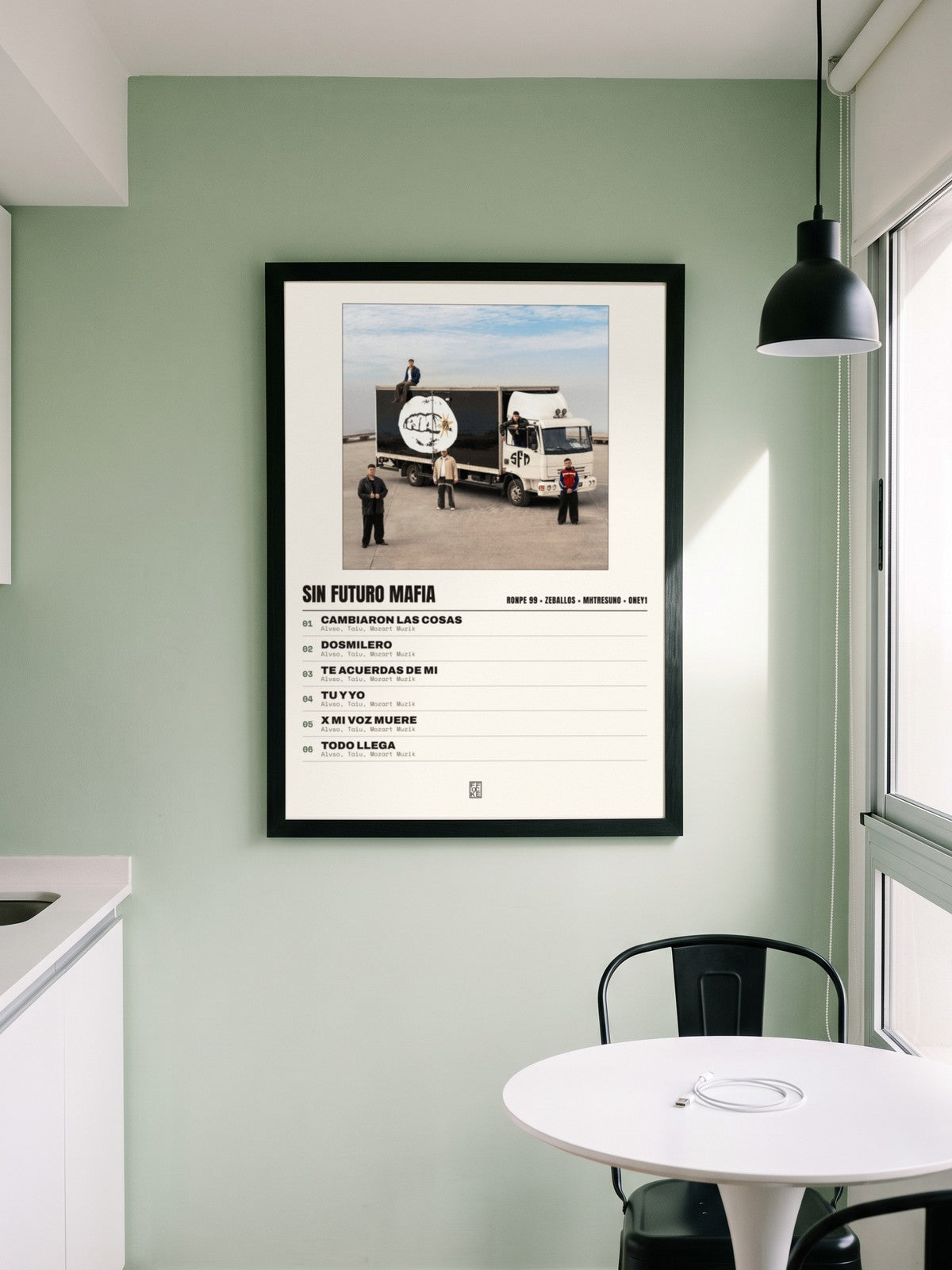 Póster de Sin Futuro Mafia de Ronpe 99 × Zeballos × mhtresuno × Oney1 enmarcado en una pared