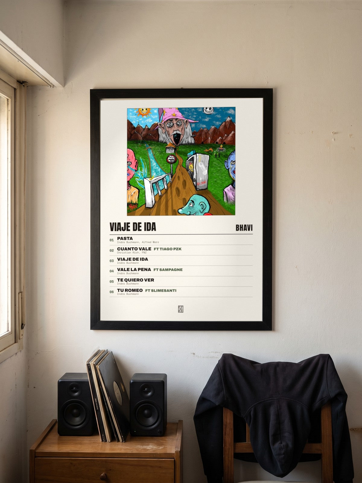 Póster de VIAJE DE IDA de Bhavi enmarcado en una pared