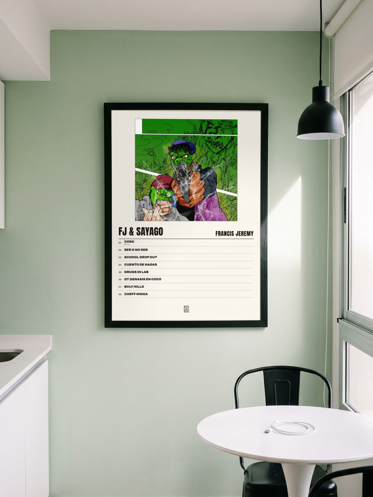 Póster de FJ & SAYAGO de Francis Jeremy enmarcado en una pared