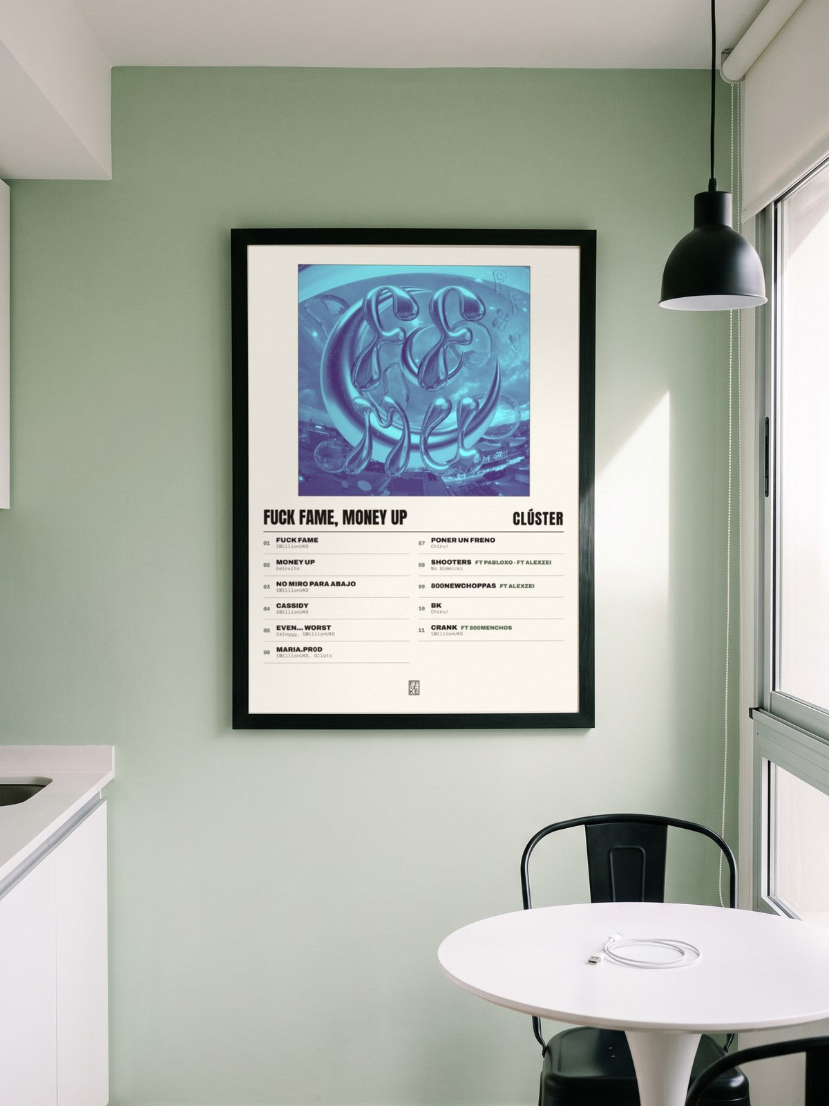 Póster de Fuck Fame, Money Up de Clúster enmarcado en una pared