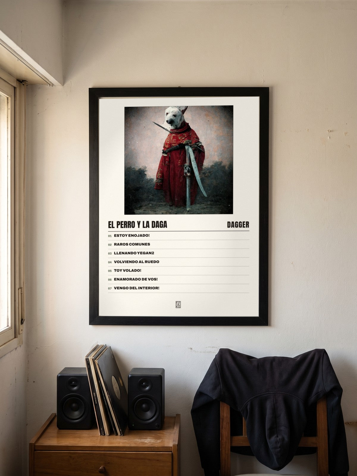 Póster de El Perro y la Daga de Dagger enmarcado en una pared