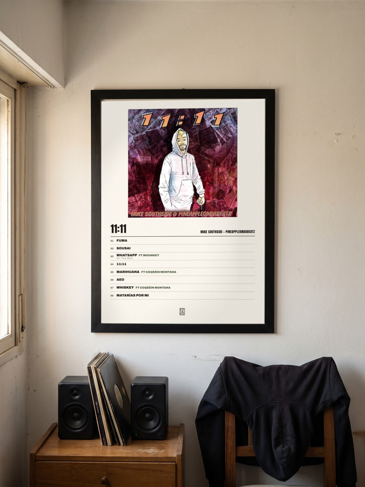 Póster de 11:11 de Mike Southside × Pineappleondabeatz enmarcado en una pared