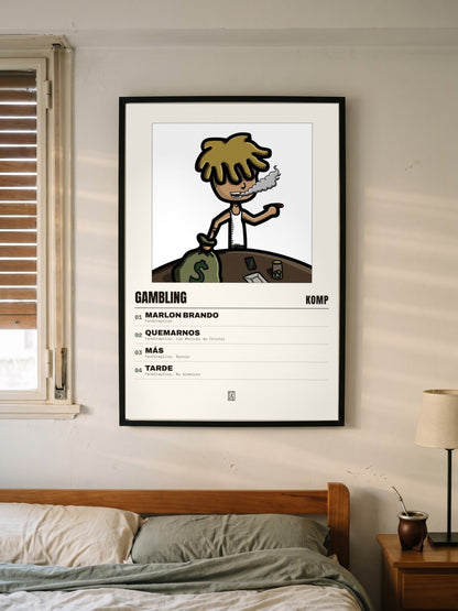 Póster de Gambling de Komp enmarcado en una pared