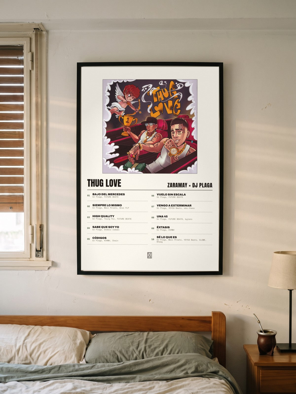 Póster de Thug Love de ZARAMAY × Dj Plaga enmarcado en una pared