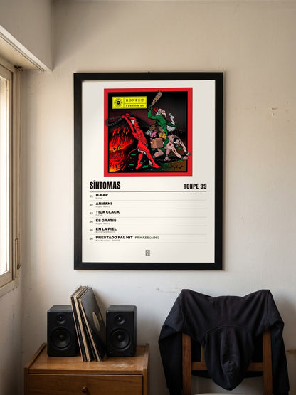 Póster de Síntomas de Ronpe 99 enmarcado en una pared